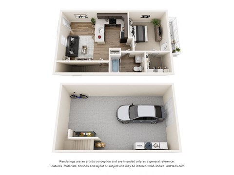 A 3D floor plan of a house with a car parked in the garage.